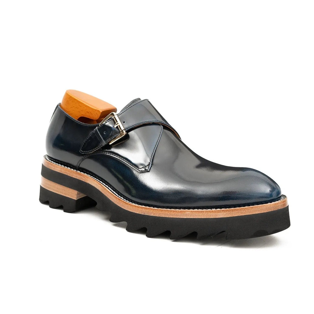 Dark Blue Single Monk Shoes with Brown-Band Ridged Sole