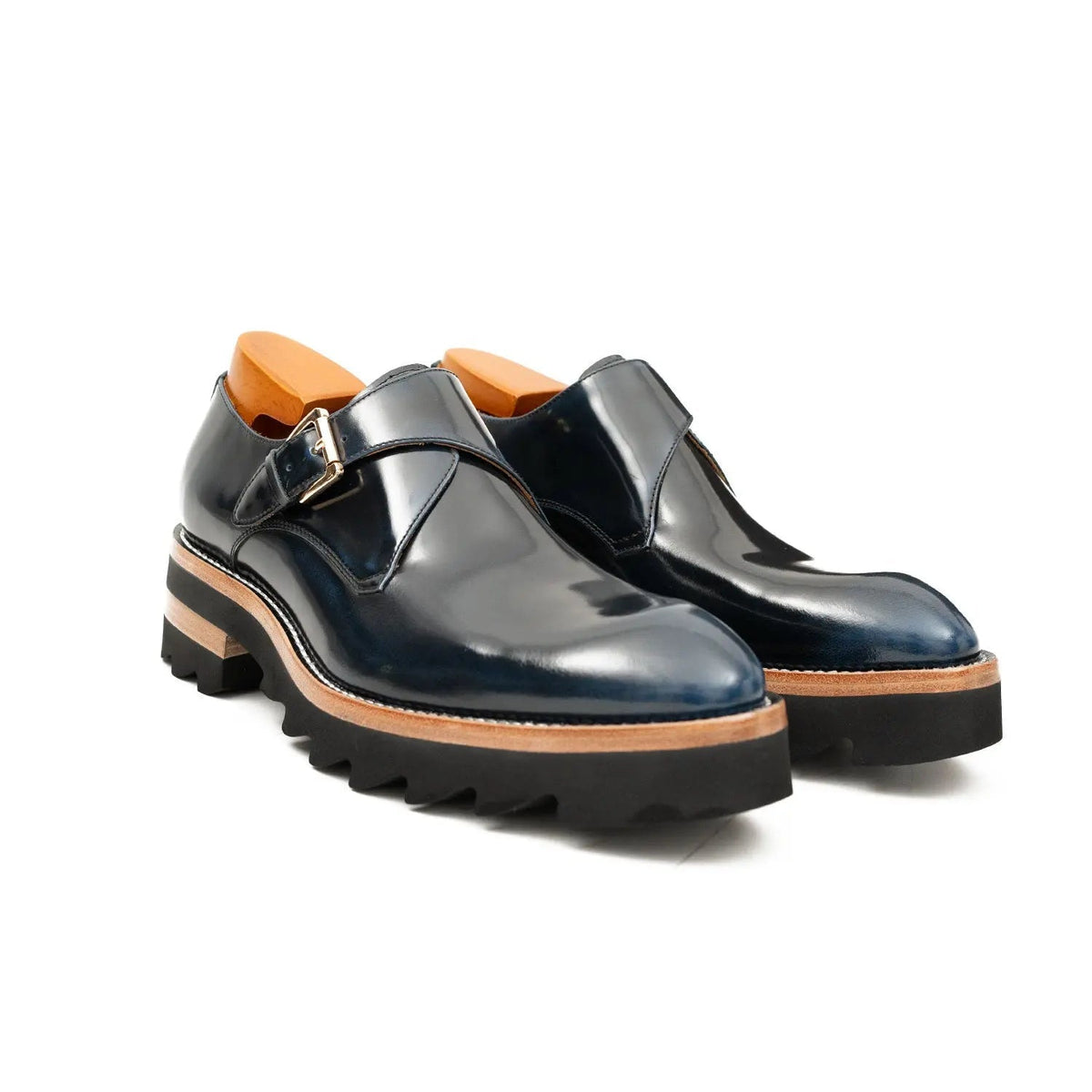 Dark Blue Single Monk Shoes with Brown-Band Ridged Sole