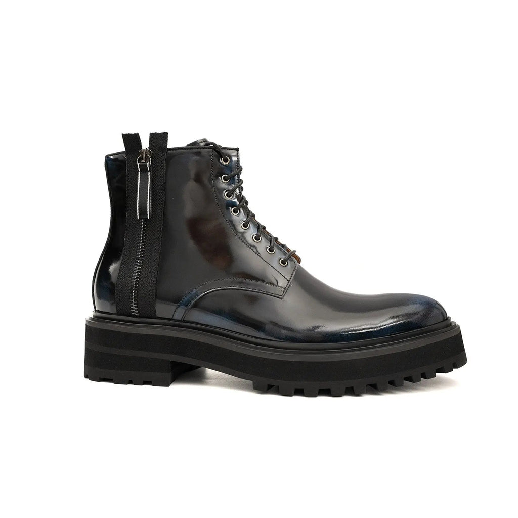 Black Lace-Up Ankle Boot with Blue Toe Shading
