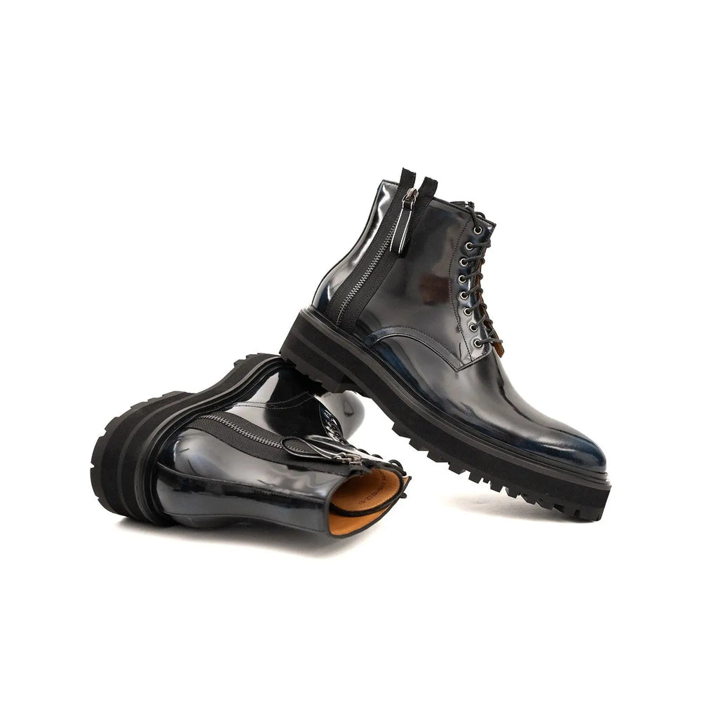 Black Lace-Up Ankle Boot with Blue Toe Shading