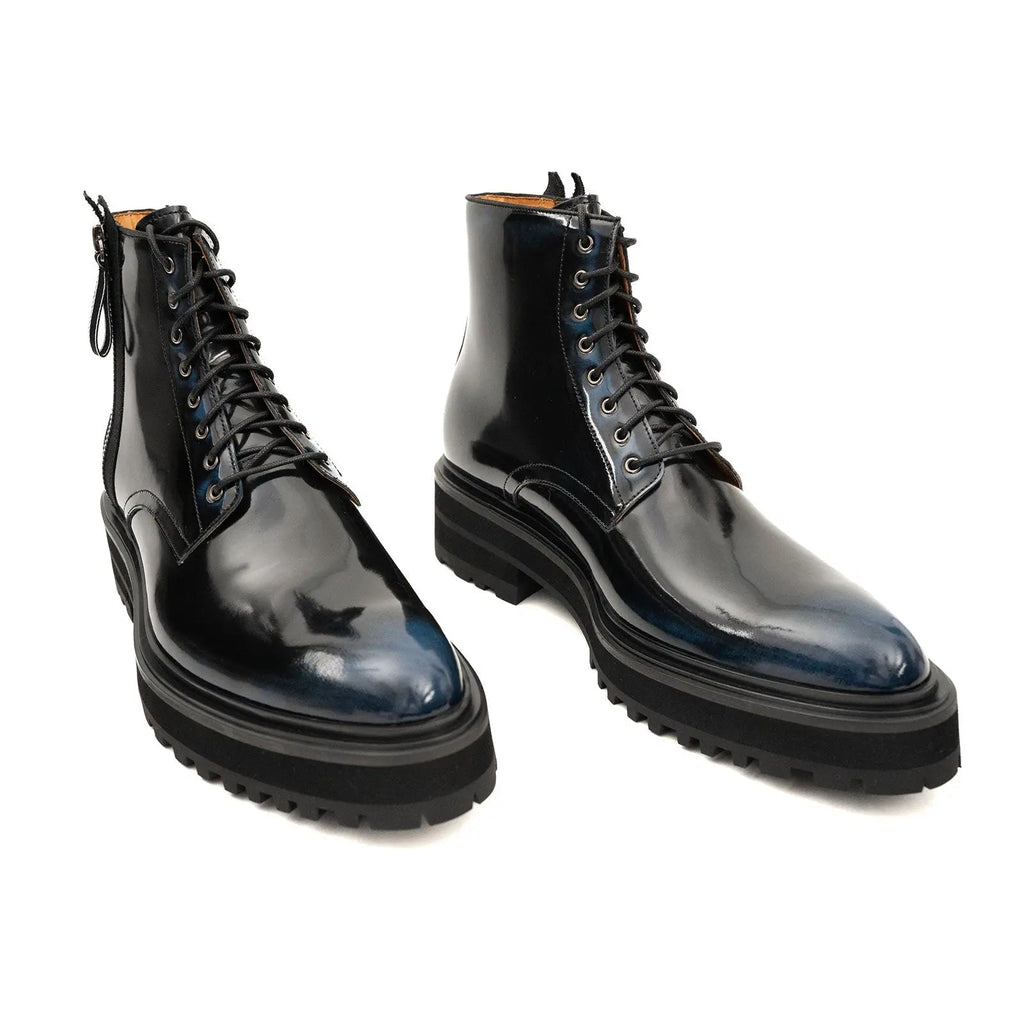 Black Lace-Up Ankle Boot with Blue Toe Shading
