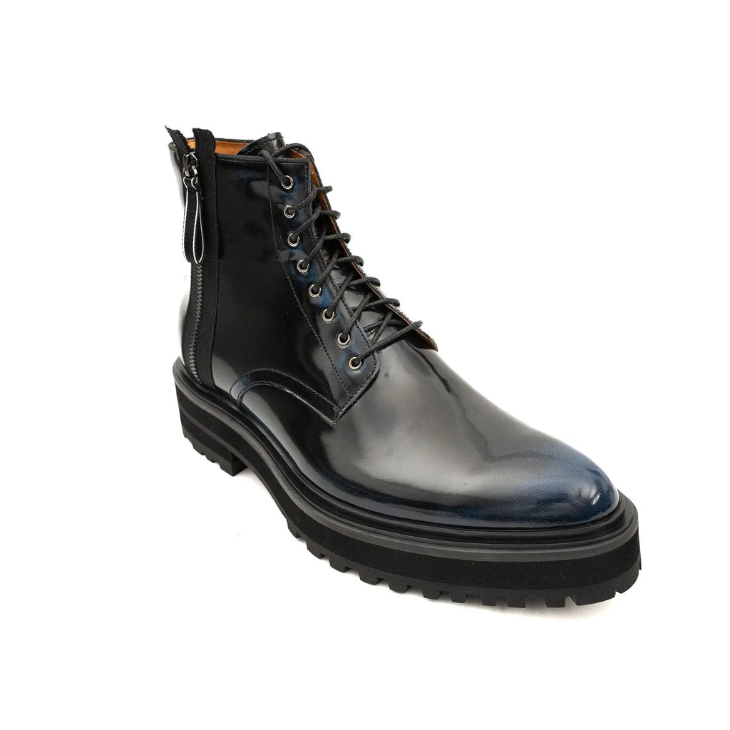 Black Lace-Up Ankle Boot with Blue Toe Shading