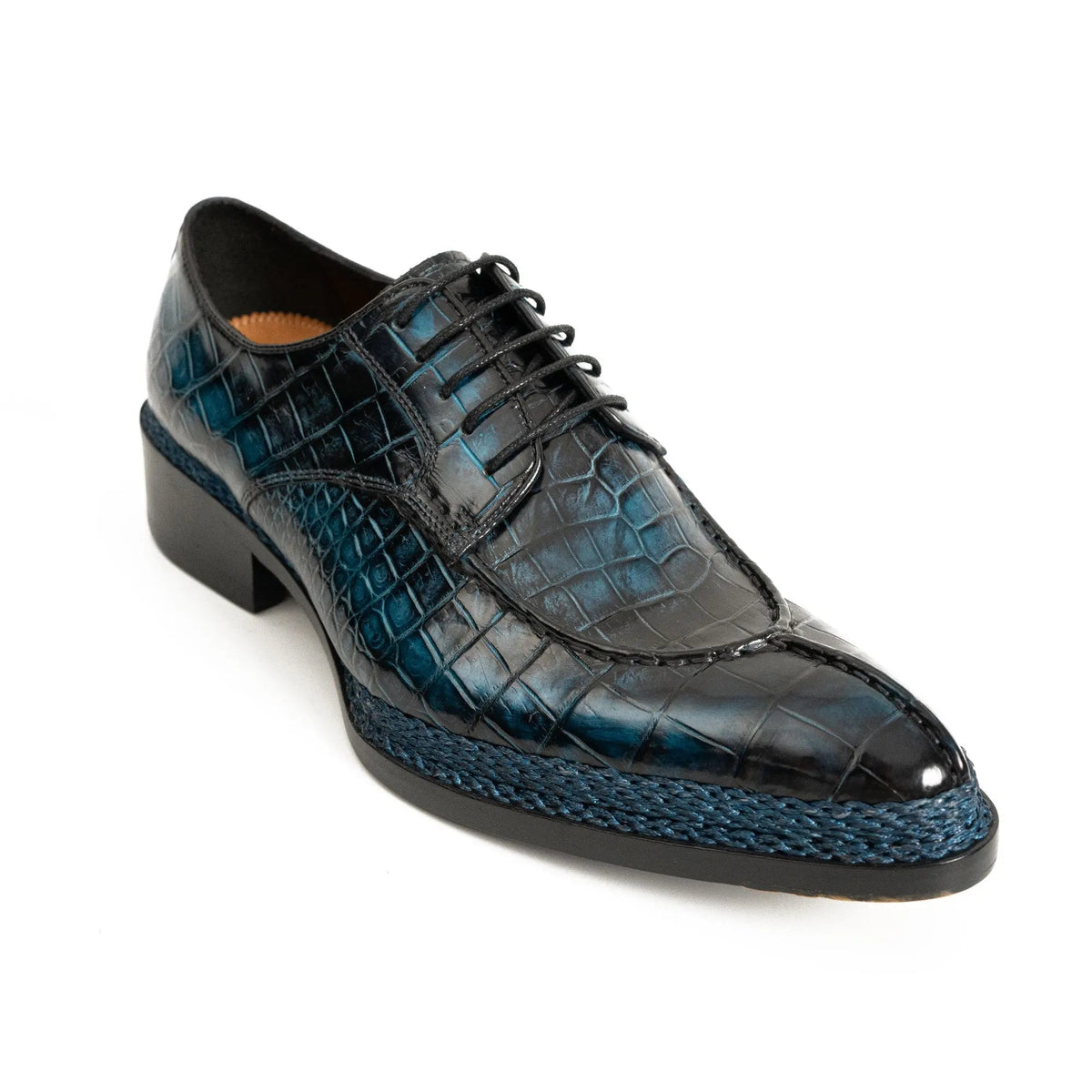 Dark Blue Apron-Toe Derby Shoes with Scale-Pattern Texture