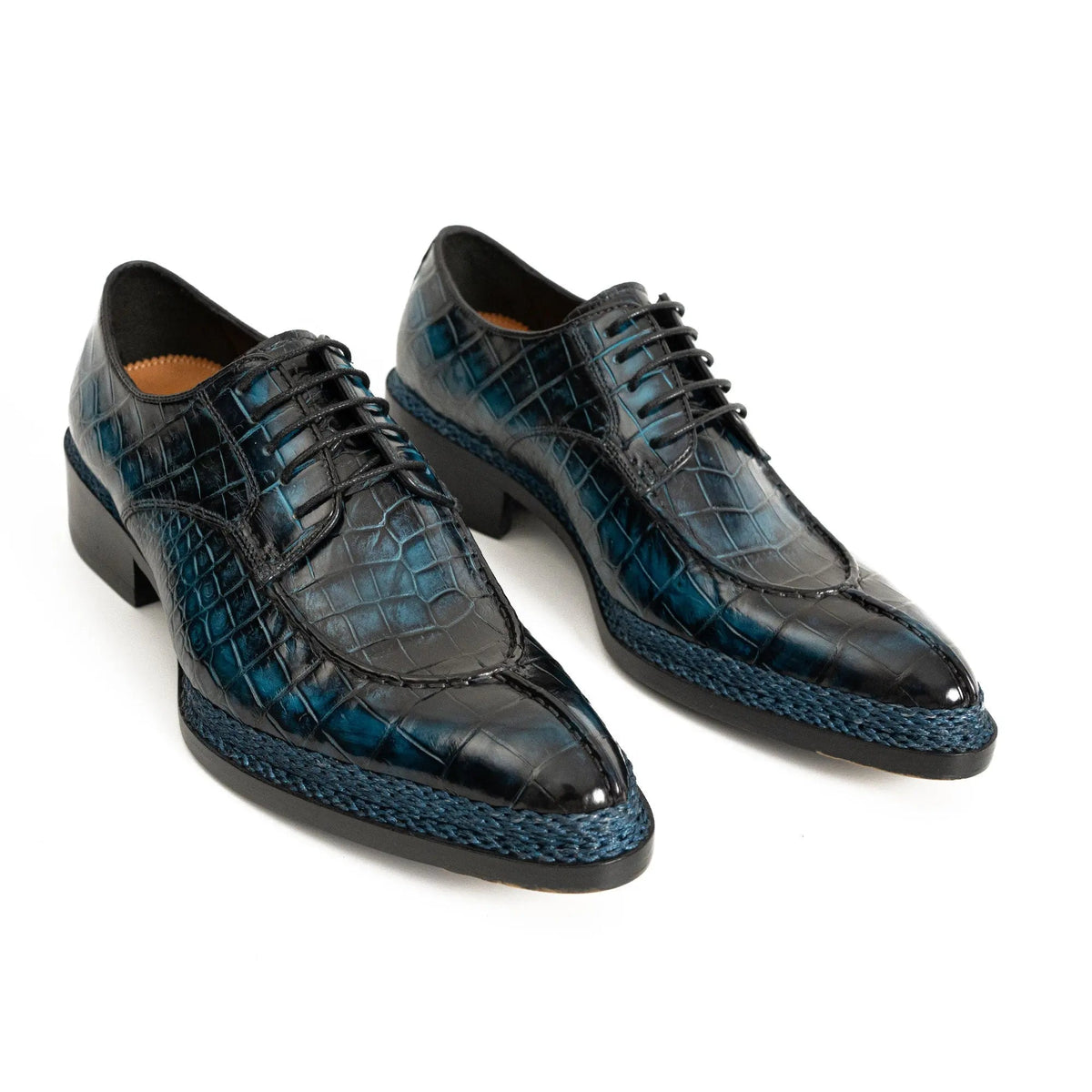 Dark Blue Apron-Toe Derby Shoes with Scale-Pattern Texture