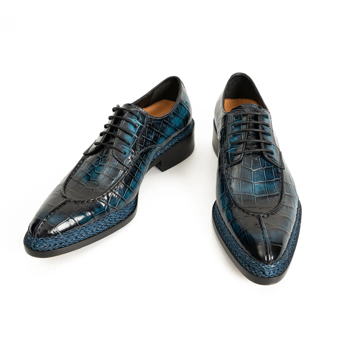 Dark Blue Apron-Toe Derby Shoes with Scale-Pattern Texture