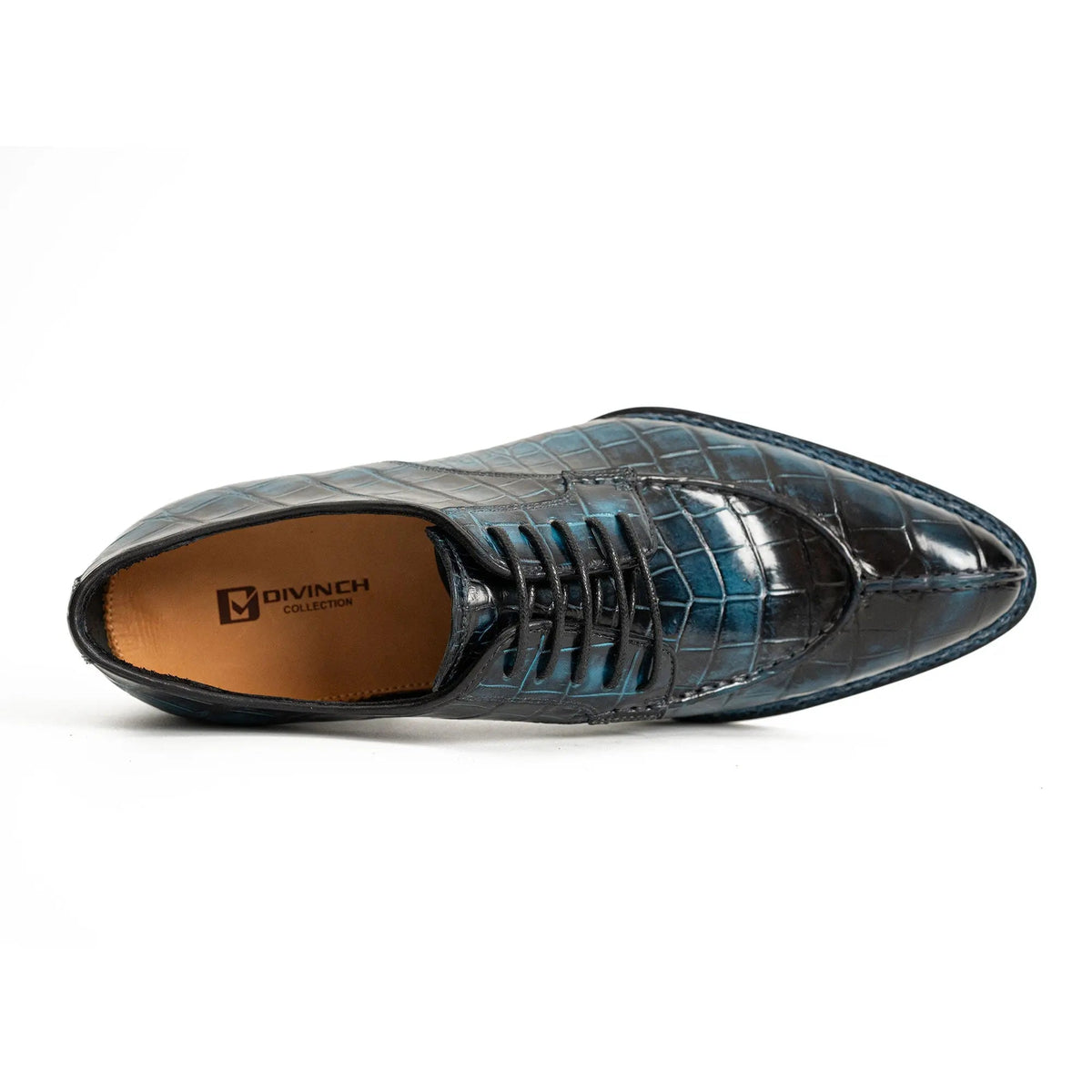 Dark Blue Apron-Toe Derby Shoes with Scale-Pattern Texture