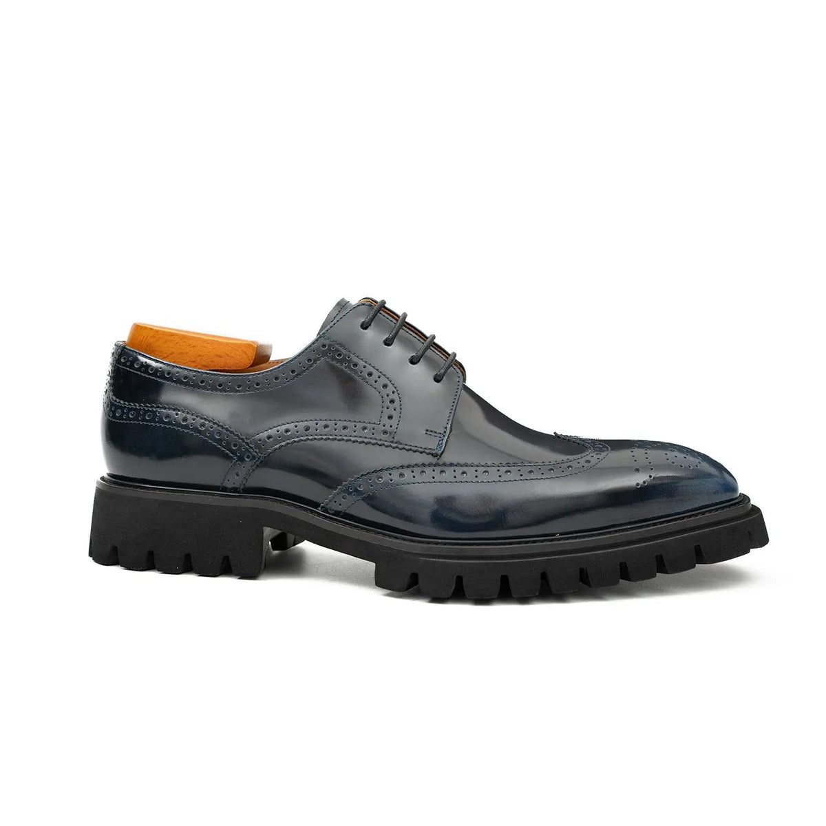 Dark Blue Wingtip Derby Shoes with Lug Sole