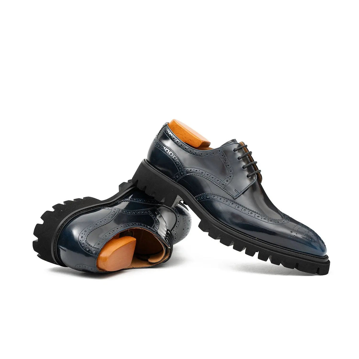 Dark Blue Wingtip Derby Shoes with Lug Sole