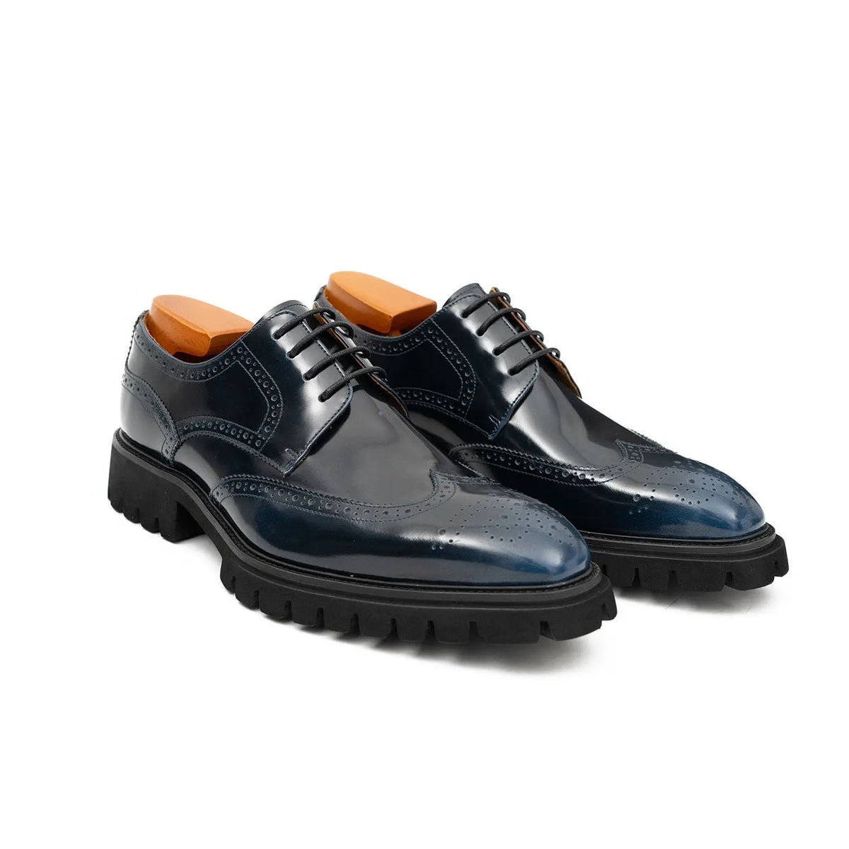 Dark Blue Wingtip Derby Shoes with Lug Sole