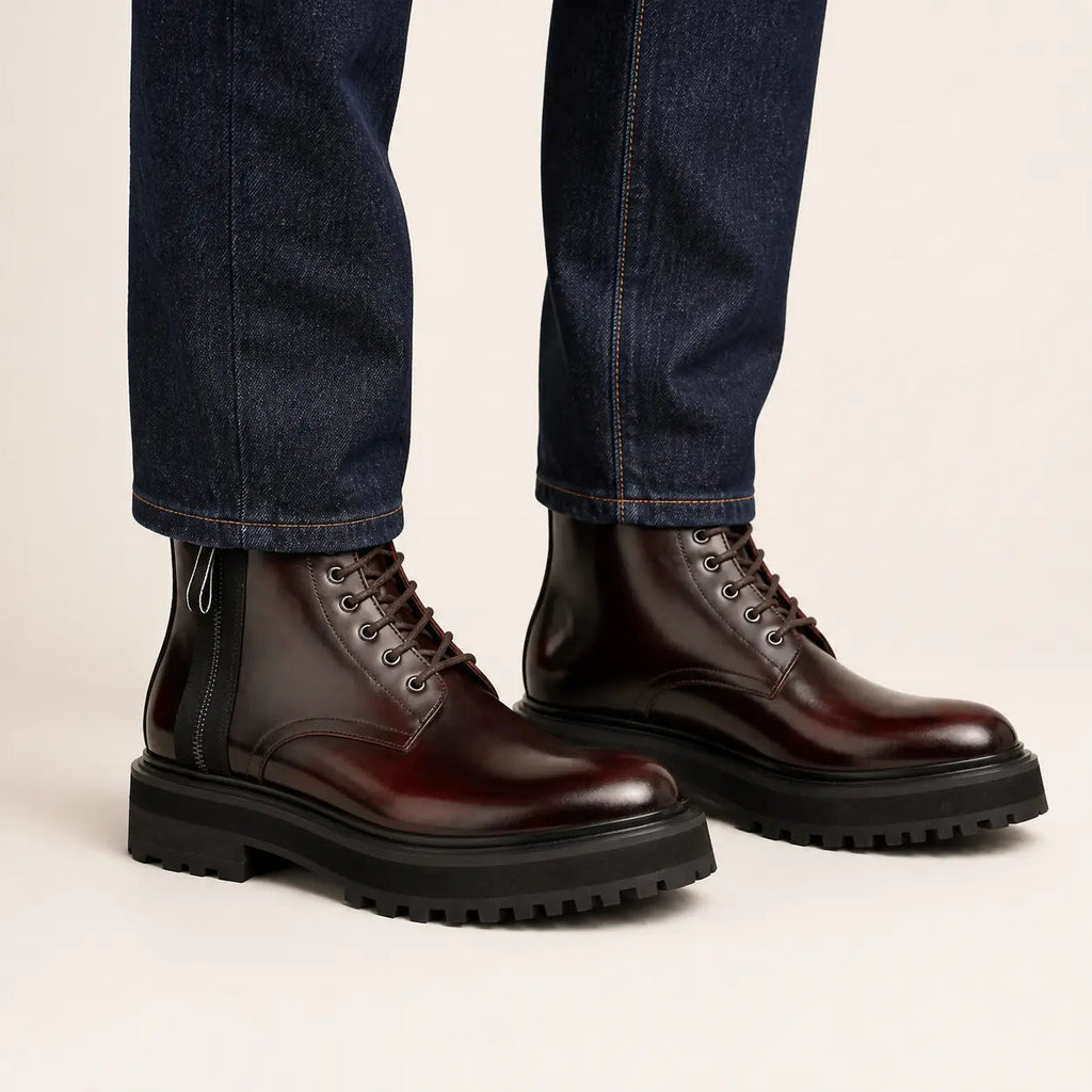 Dark Burgundy Glossy Lug Sole Lace-Up Ankle Boot
