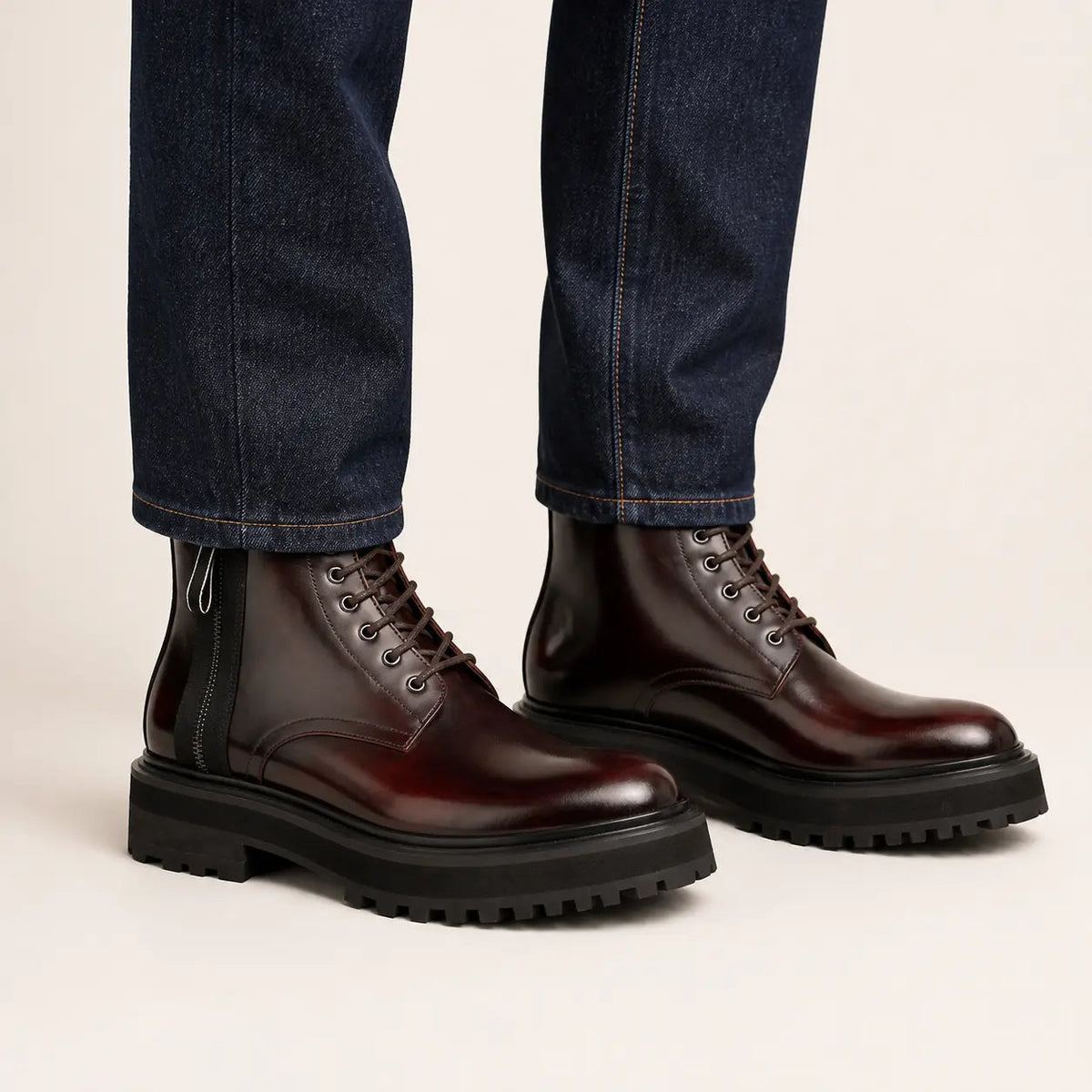 Dark Burgundy Glossy Lug Sole Lace-Up Ankle Boot