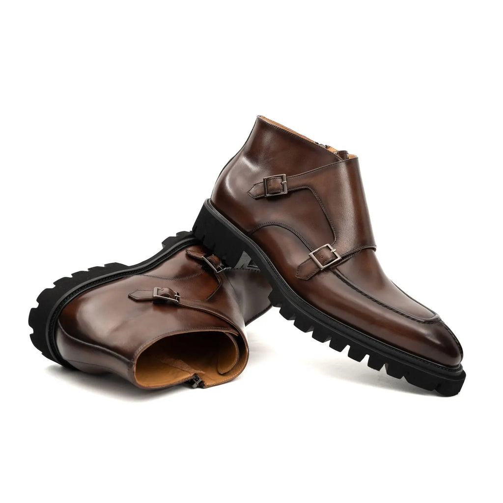 Brown Lug Sole Double Buckle Monk Ankle Boot