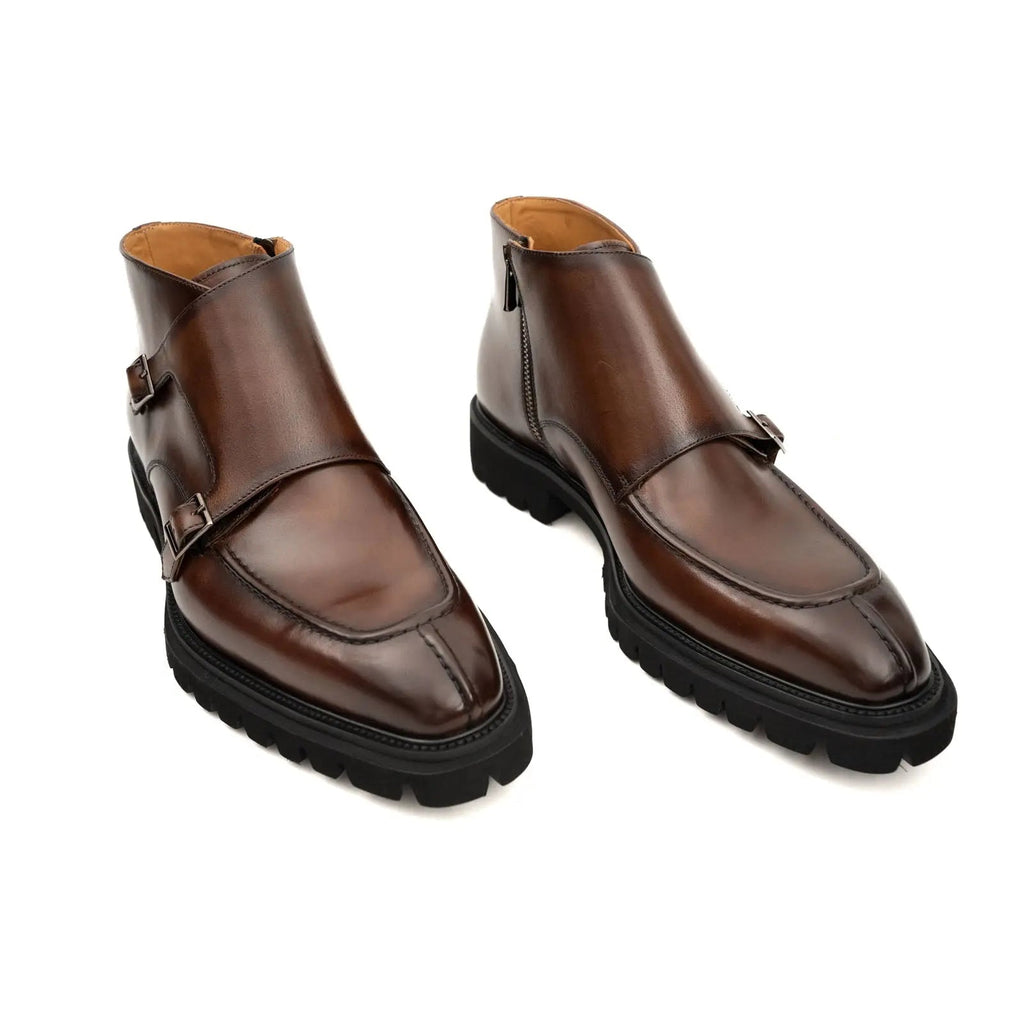Brown Lug Sole Double Buckle Monk Ankle Boot