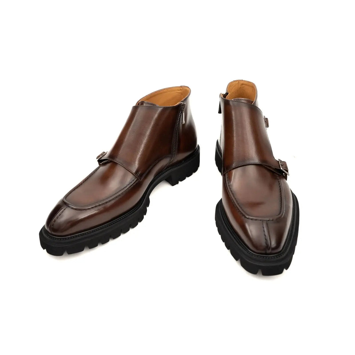 Brown Lug Sole Double Buckle Monk Ankle Boot