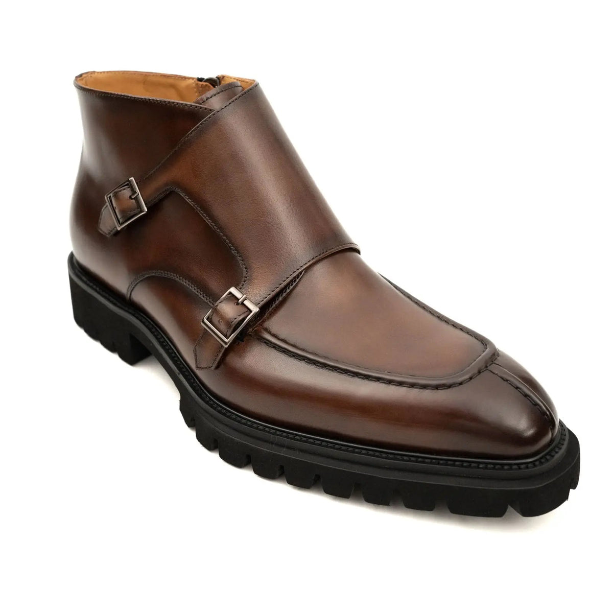 Brown Lug Sole Double Buckle Monk Ankle Boot