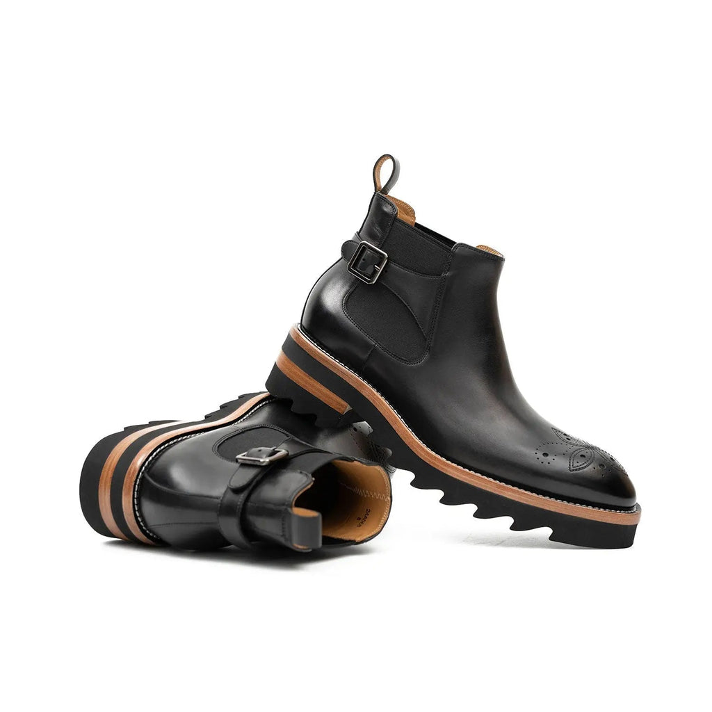 Black Round-Toe Chelsea Boots with Ankle Buckle