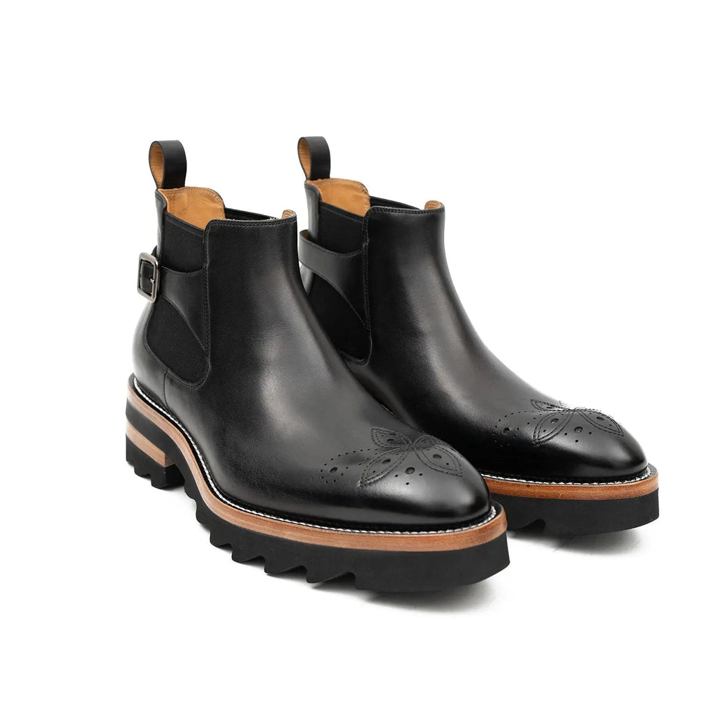 Black Round-Toe Chelsea Boots with Ankle Buckle