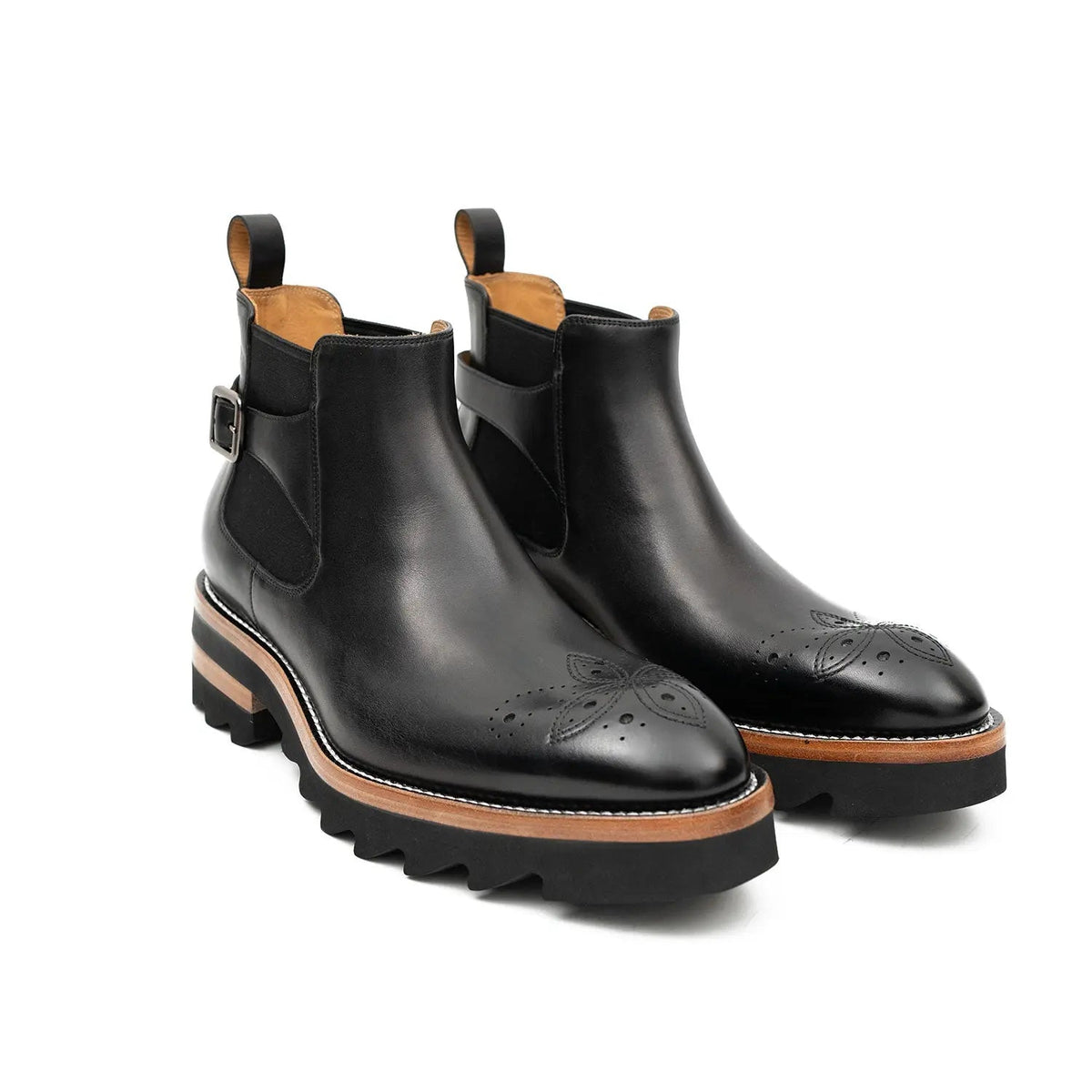 Black Round-Toe Chelsea Boots with Ankle Buckle