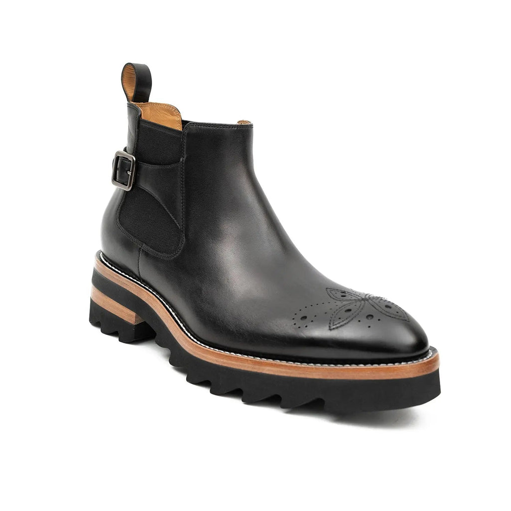 Black Round-Toe Chelsea Boots with Ankle Buckle