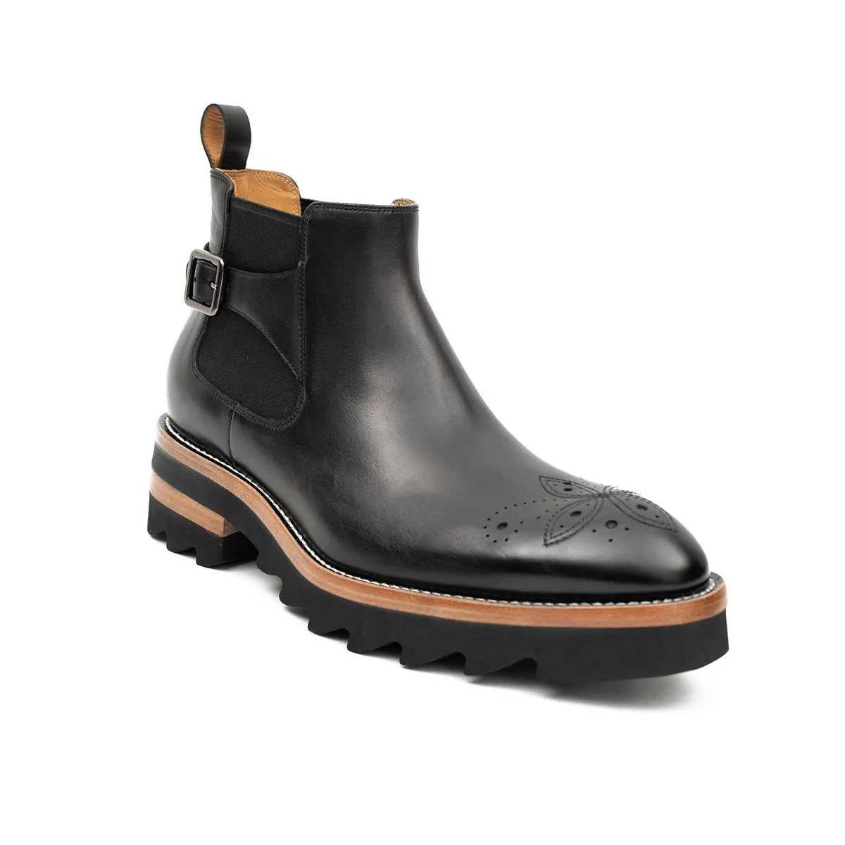 Black Round-Toe Chelsea Boots with Ankle Buckle