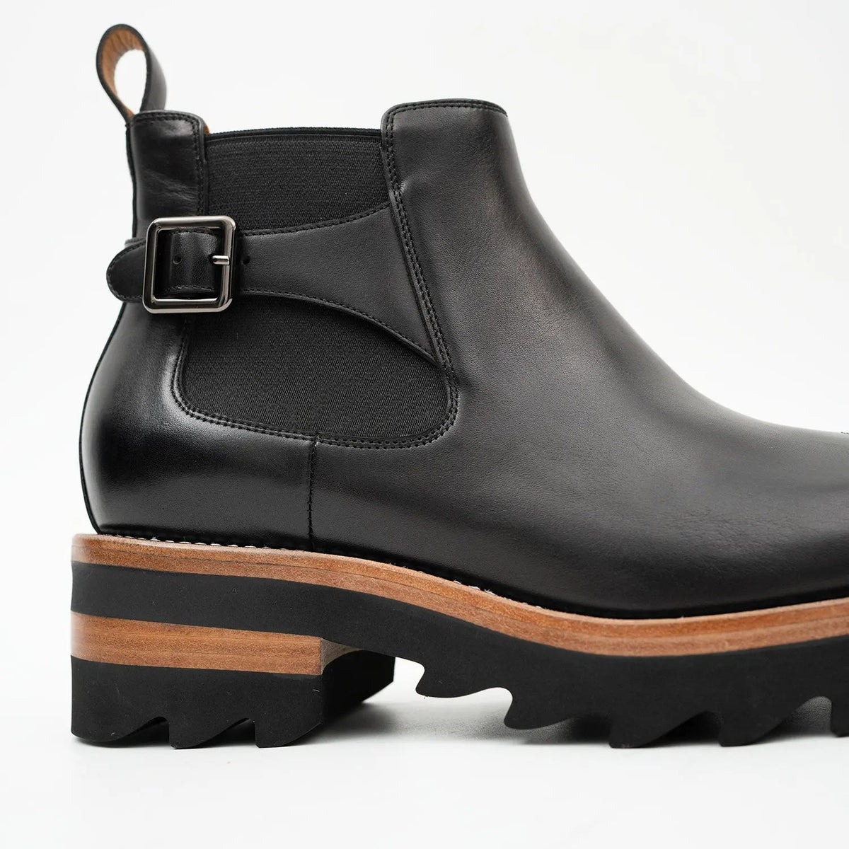Black Round-Toe Chelsea Boots with Ankle Buckle