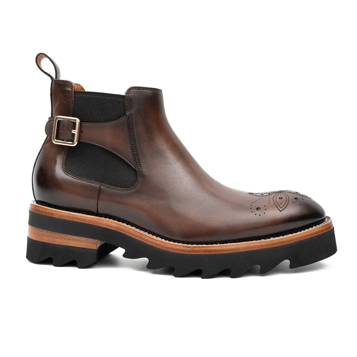 Brown Round-Toe Chelsea Boots with Ankle Buckle