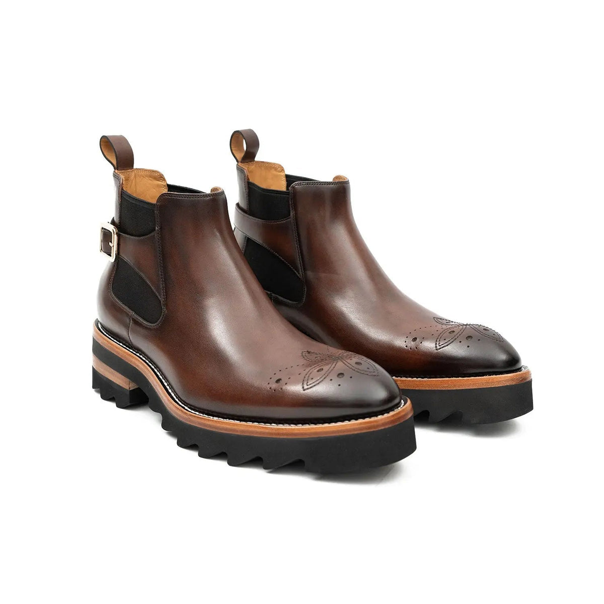 Brown Round-Toe Chelsea Boots with Ankle Buckle