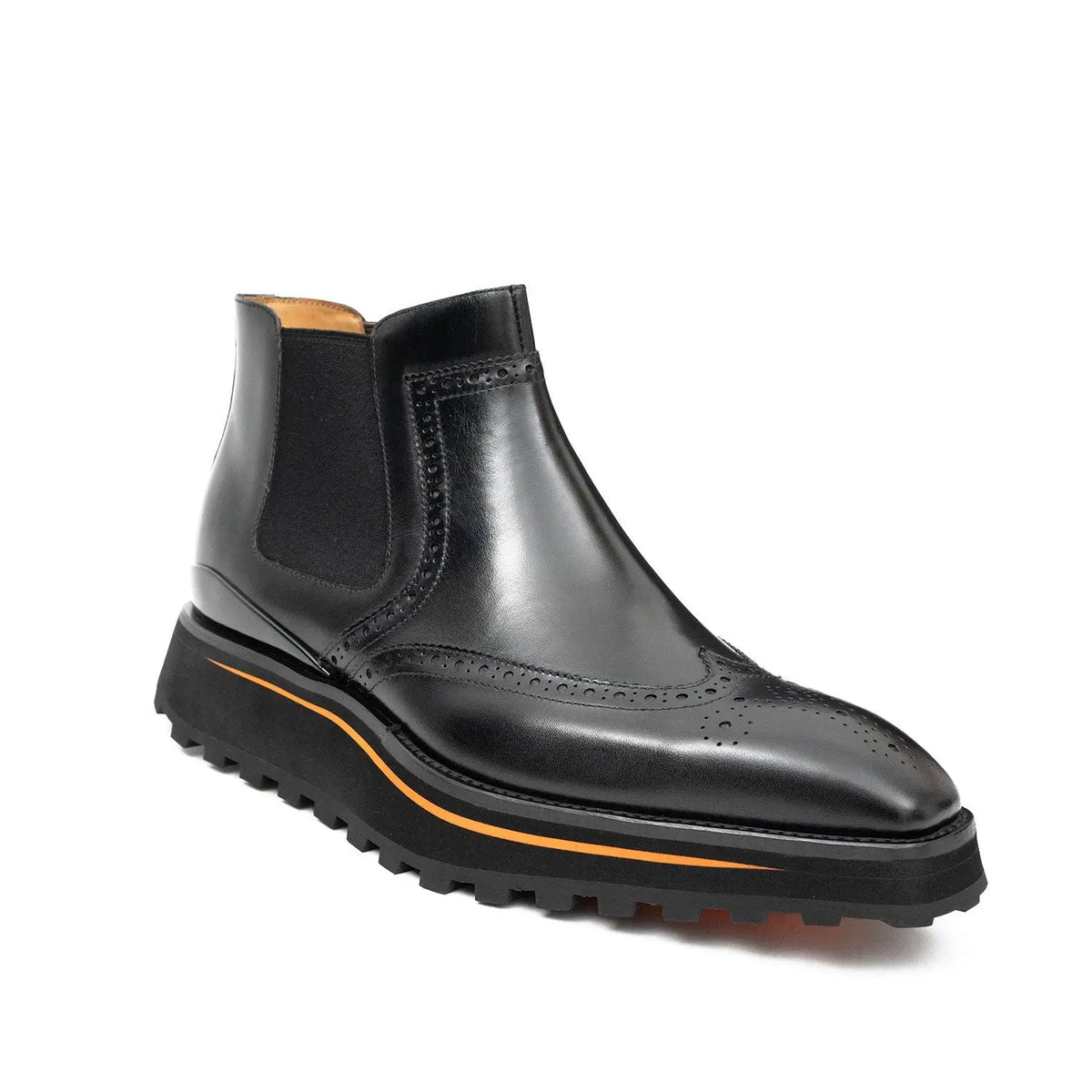 Black Wingtip Chelsea Boots with Brown-Edge Lug Sole