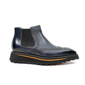 Dark Blue Wingtip Chelsea Boots with Brown-Edge Lug Sole
