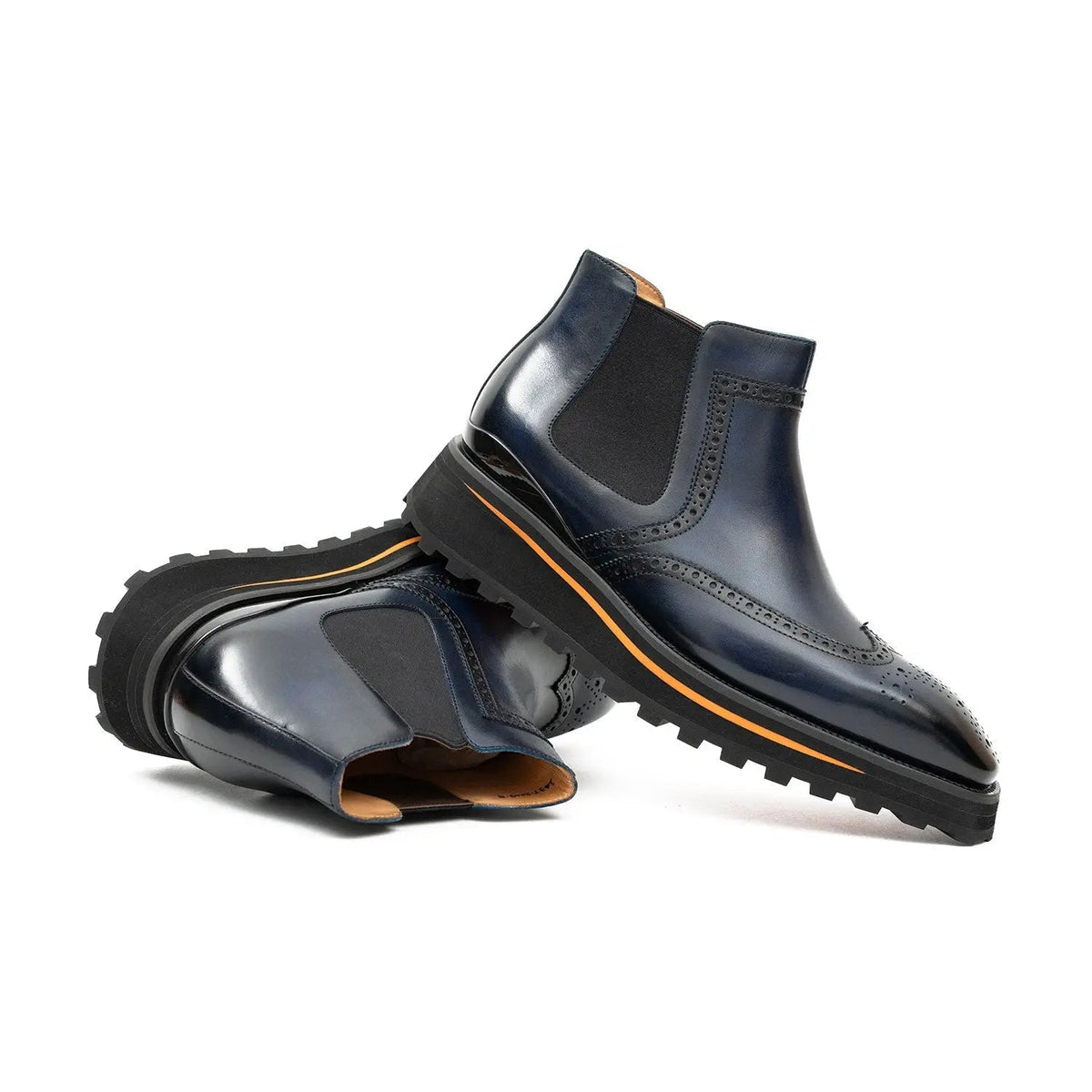 Dark Blue Wingtip Chelsea Boots with Brown-Edge Lug Sole
