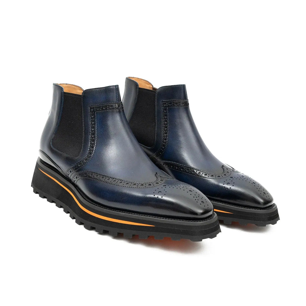 Dark Blue Wingtip Chelsea Boots with Brown-Edge Lug Sole