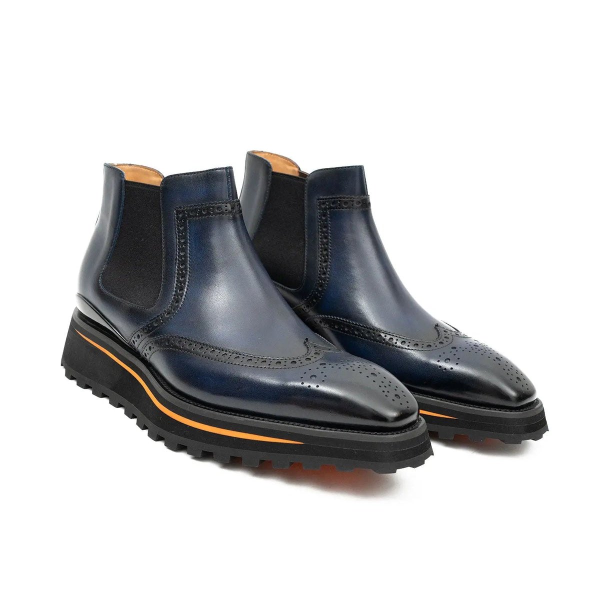 Dark Blue Wingtip Chelsea Boots with Brown-Edge Lug Sole