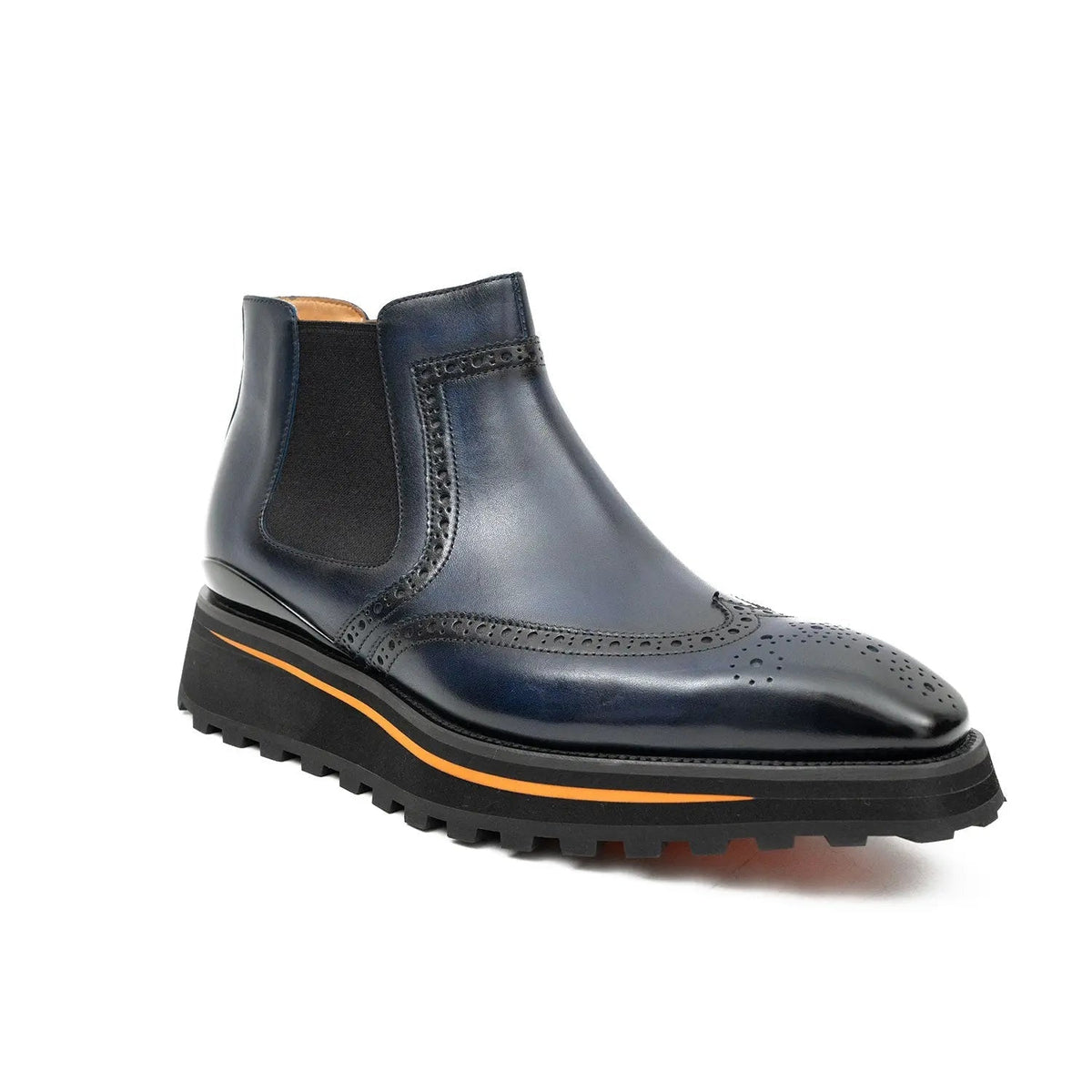 Dark Blue Wingtip Chelsea Boots with Brown-Edge Lug Sole