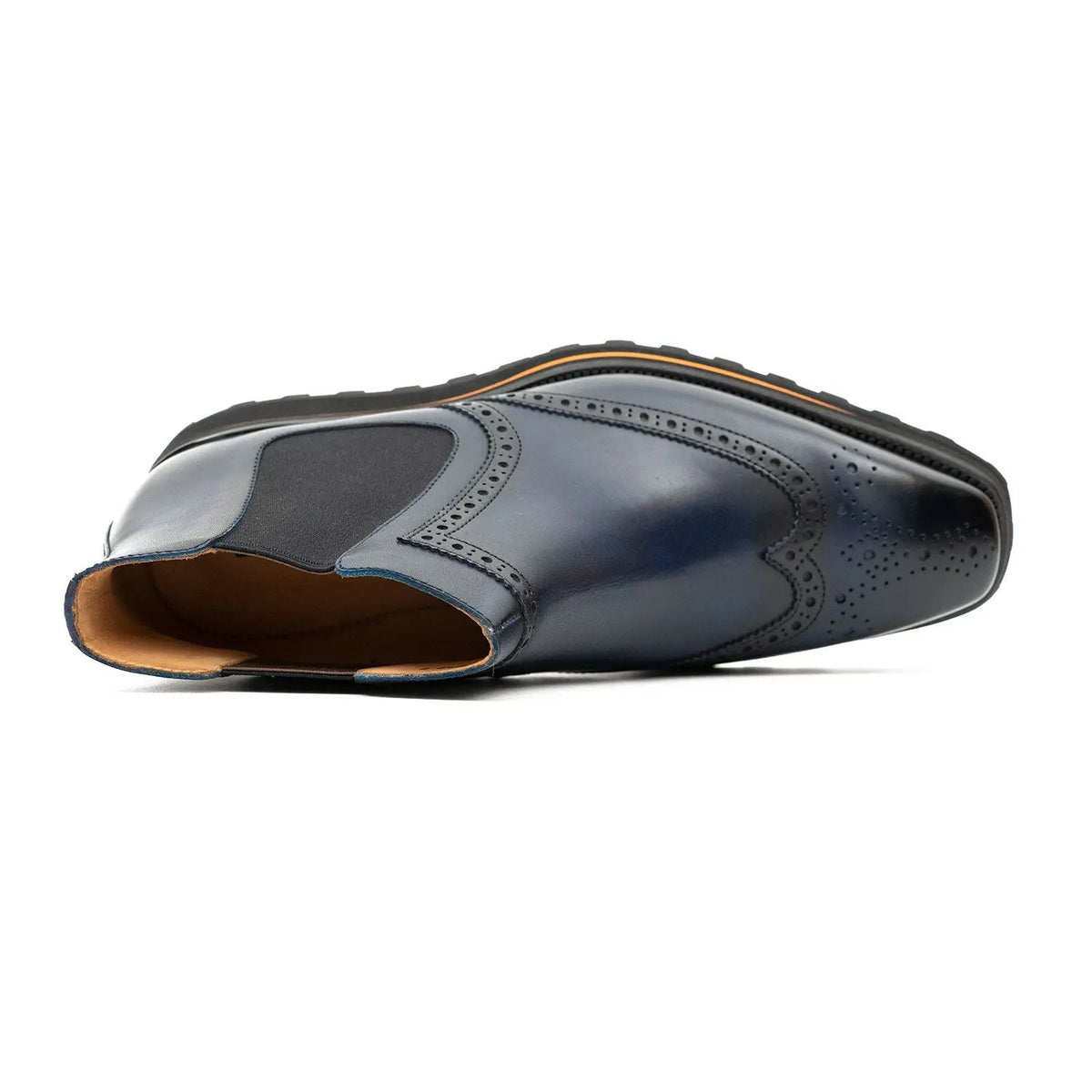 Dark Blue Wingtip Chelsea Boots with Brown-Edge Lug Sole