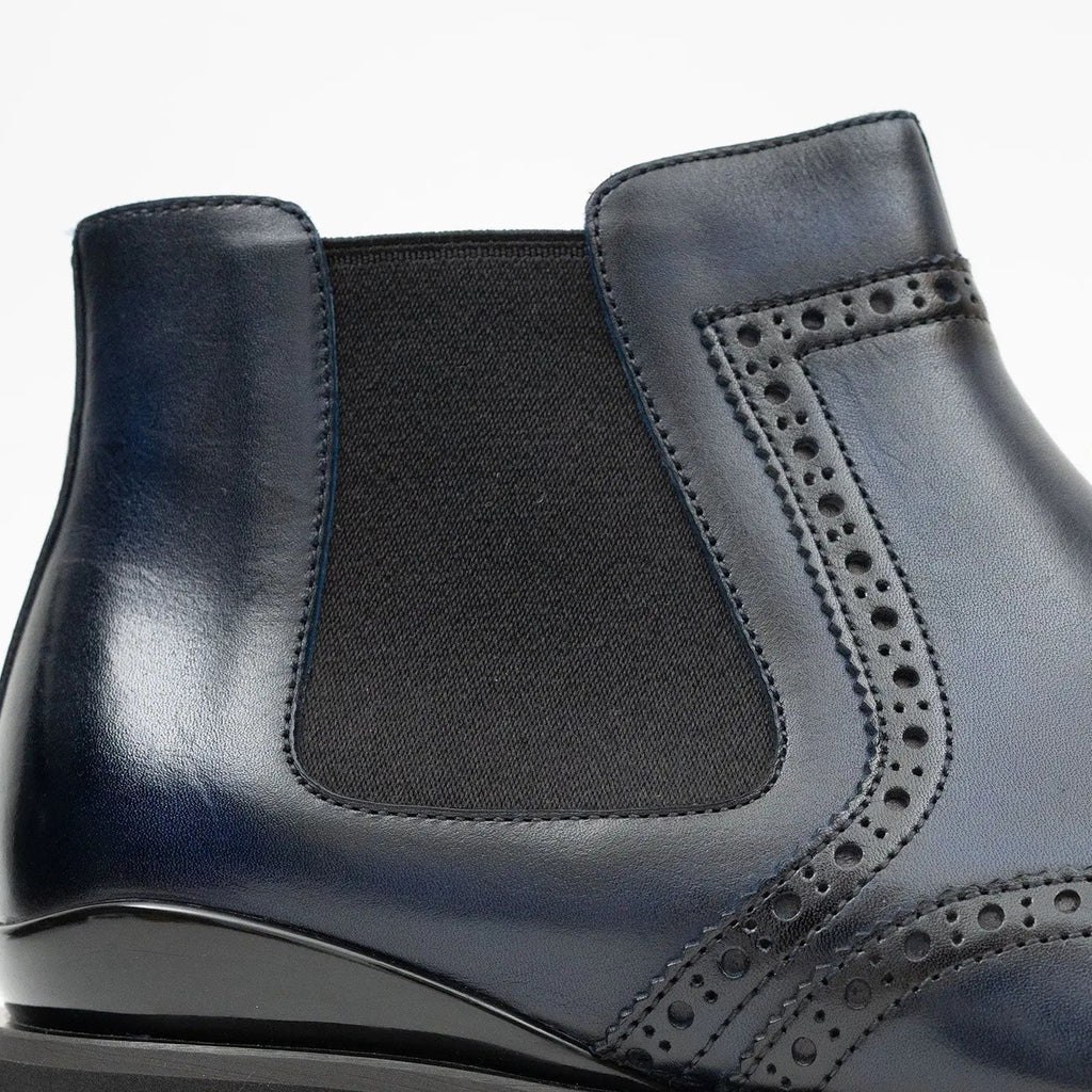 Dark Blue Wingtip Chelsea Boots with Brown-Edge Lug Sole