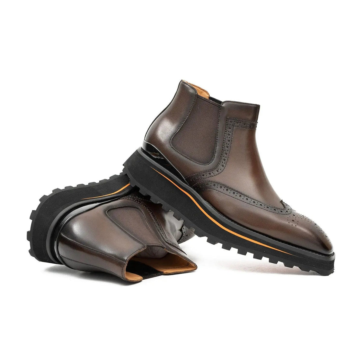 Brown Wingtip Chelsea Boots with Brown-Edge Lug Sole