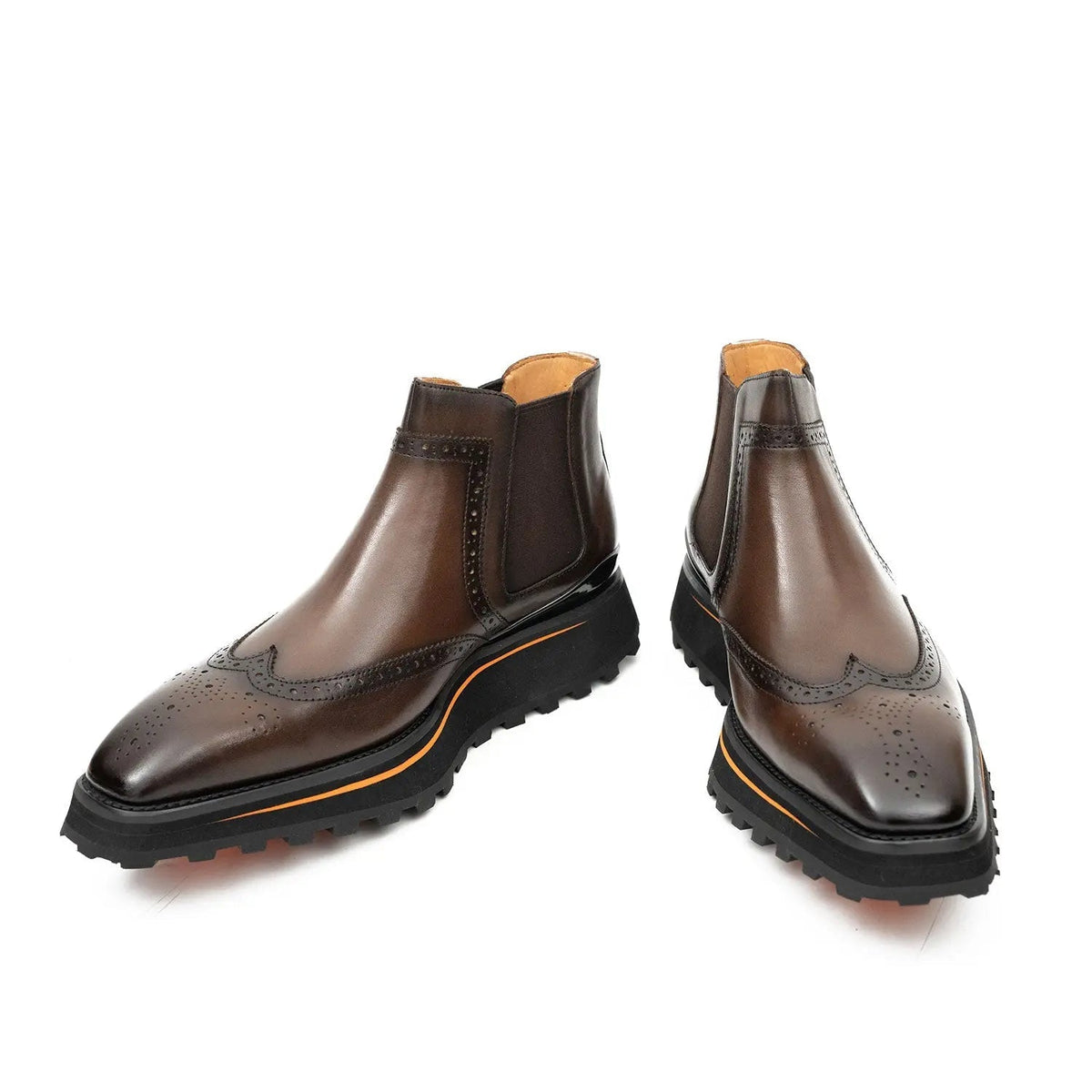 Brown Wingtip Chelsea Boots with Brown-Edge Lug Sole