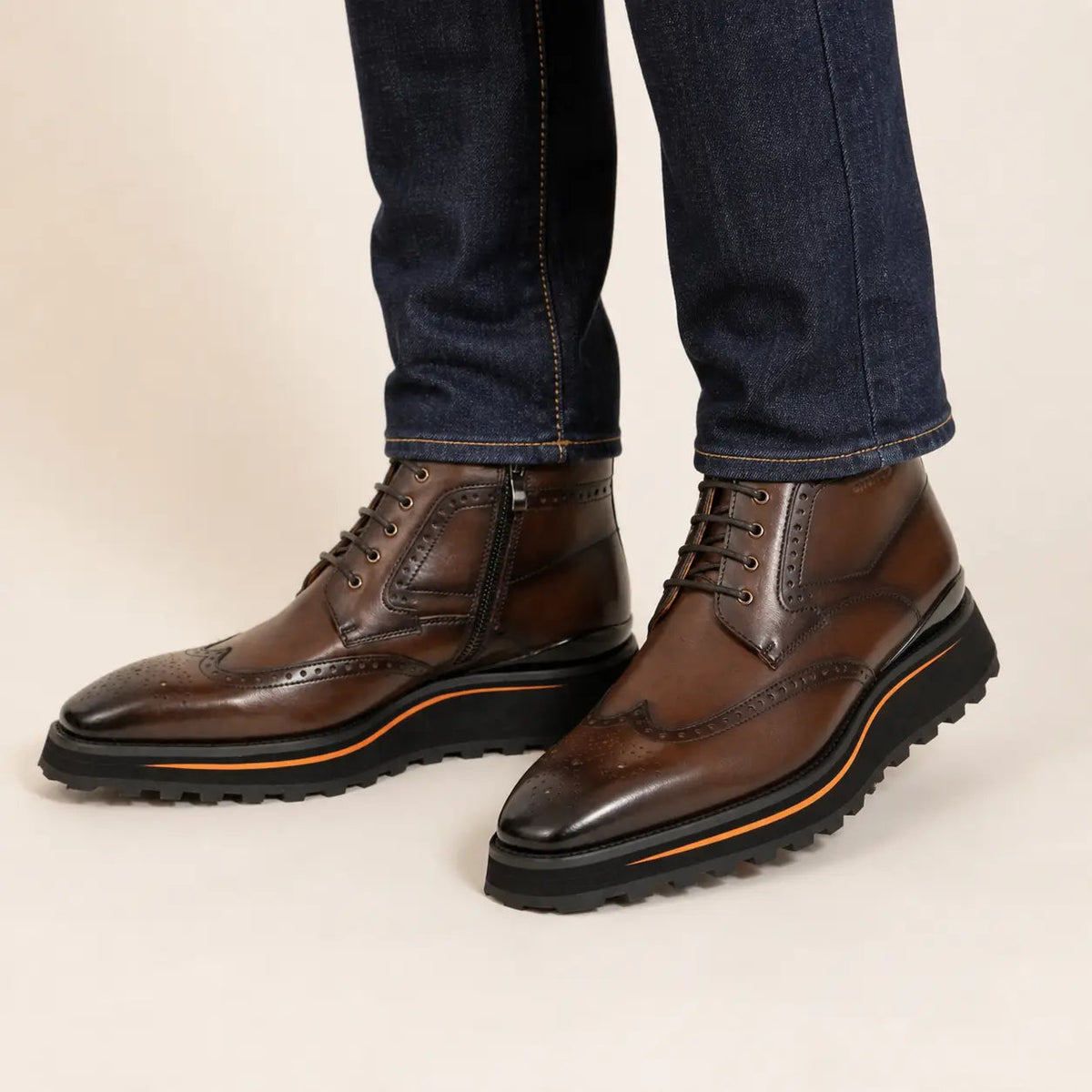 Brown Wingtip Lace-Up Ankle Boots with Side Zipper