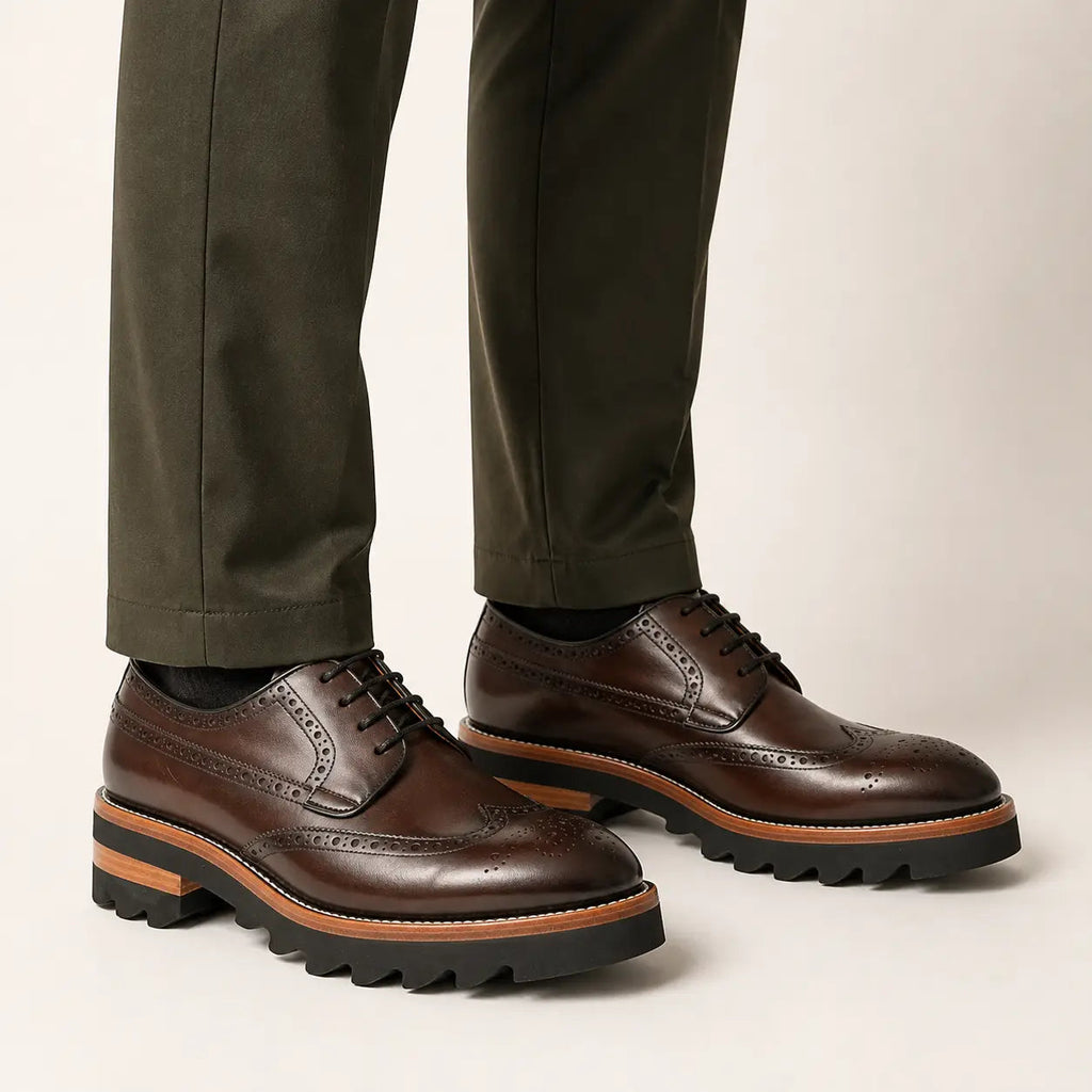 Brown Wingtip Derby Shoes with Brown-Band Lug Sole