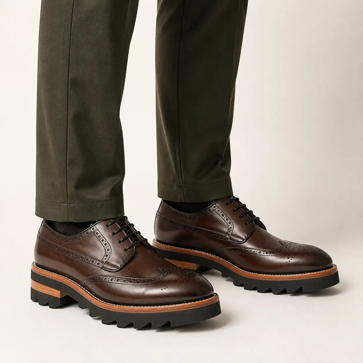 Brown Wingtip Derby Shoes with Brown-Band Lug Sole
