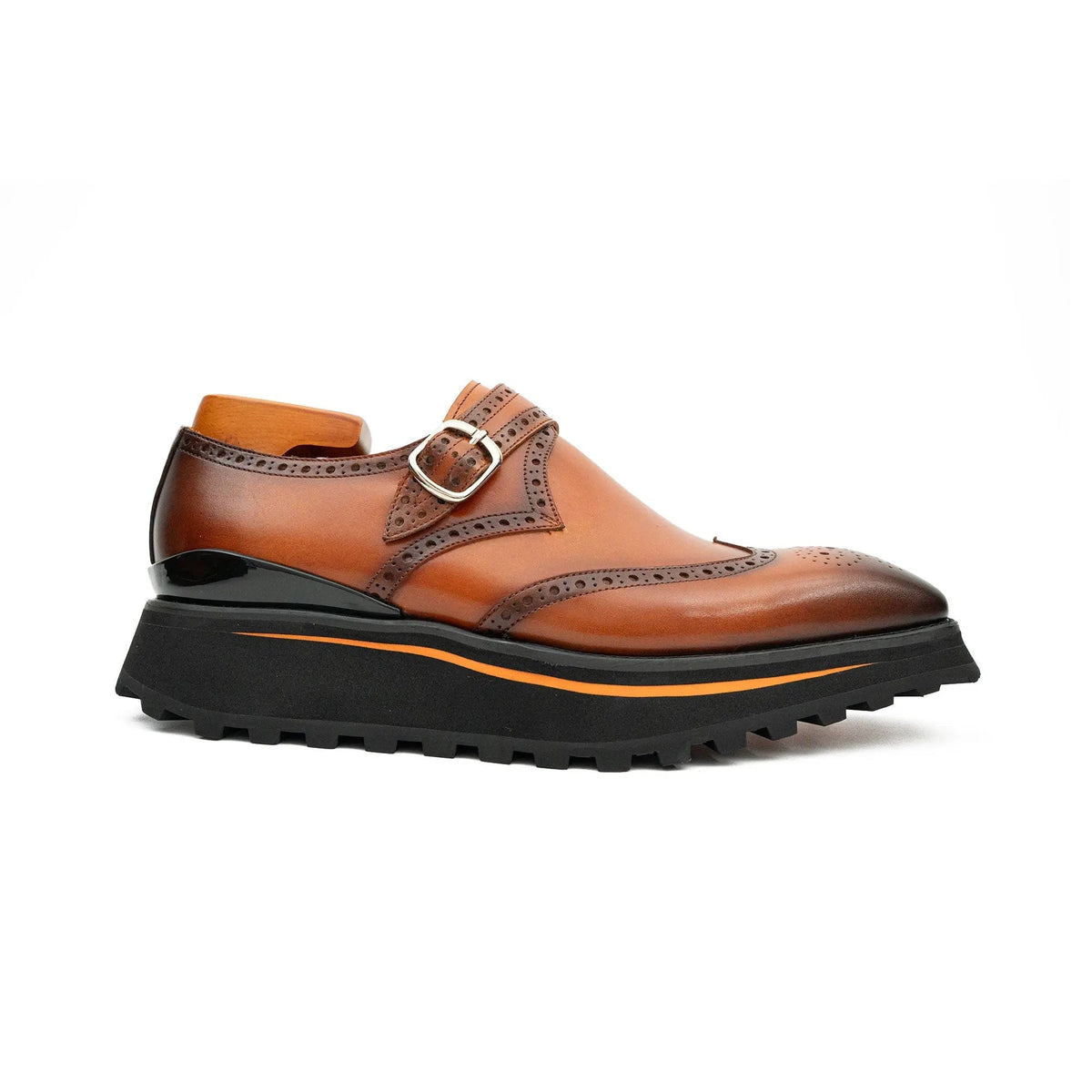 Cognac Brown Wingtip Monk Shoe with Dark Toe