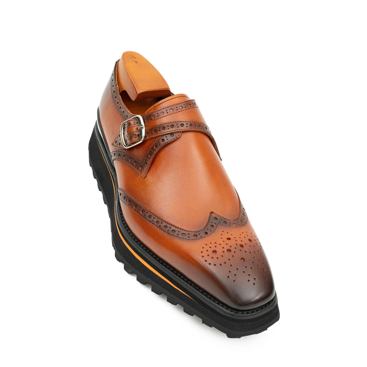 Cognac Brown Wingtip Monk Shoe with Dark Toe