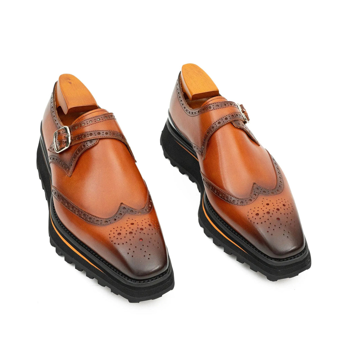 Cognac Brown Wingtip Monk Shoe with Dark Toe