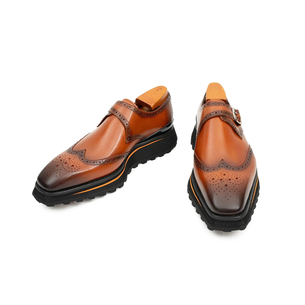 Cognac Brown Wingtip Monk Shoe with Dark Toe