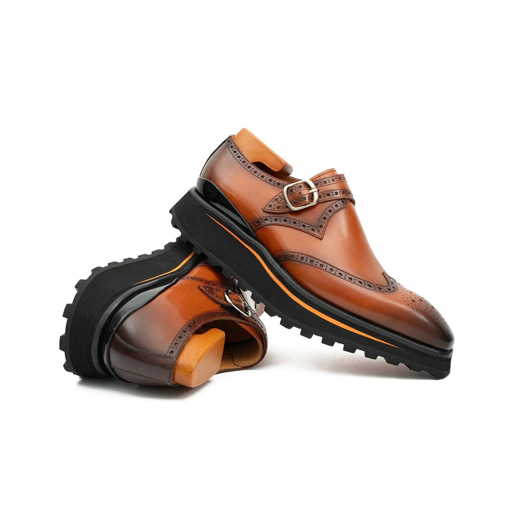 Cognac Brown Wingtip Monk Shoe with Dark Toe