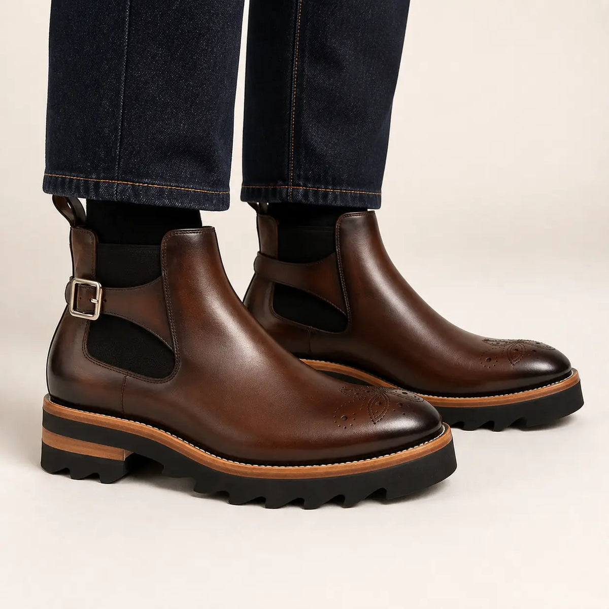 Brown Round-Toe Chelsea Boots with Ankle Buckle