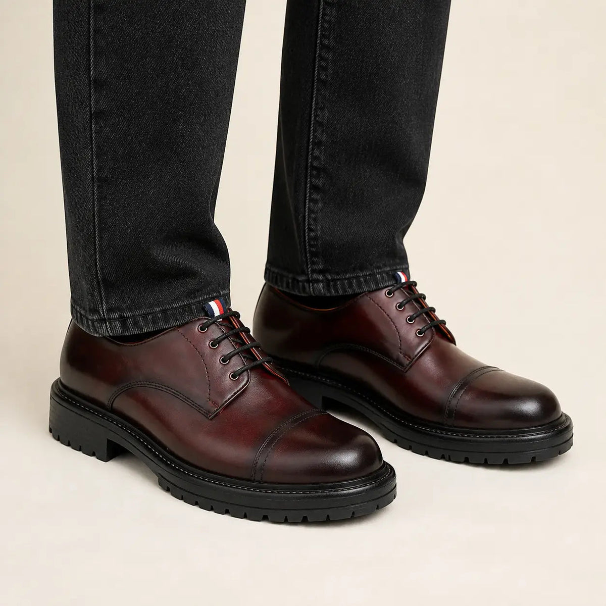 Dark Reddish Brown Cap-Toe Derby Shoes with Pull Tab