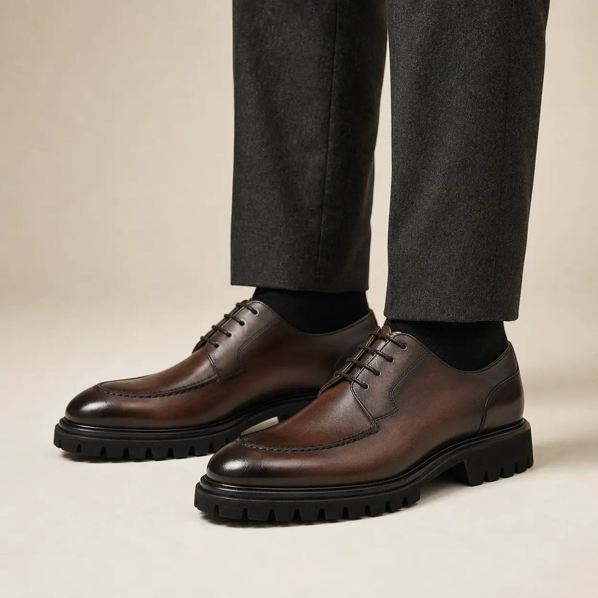 Brown Calfskin Apron-Toe Derby Shoes with Lug Sole