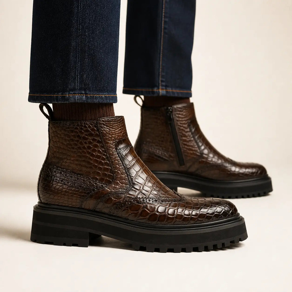 Dark Brown Textured Lug Sole Chelsea Ankle Boot