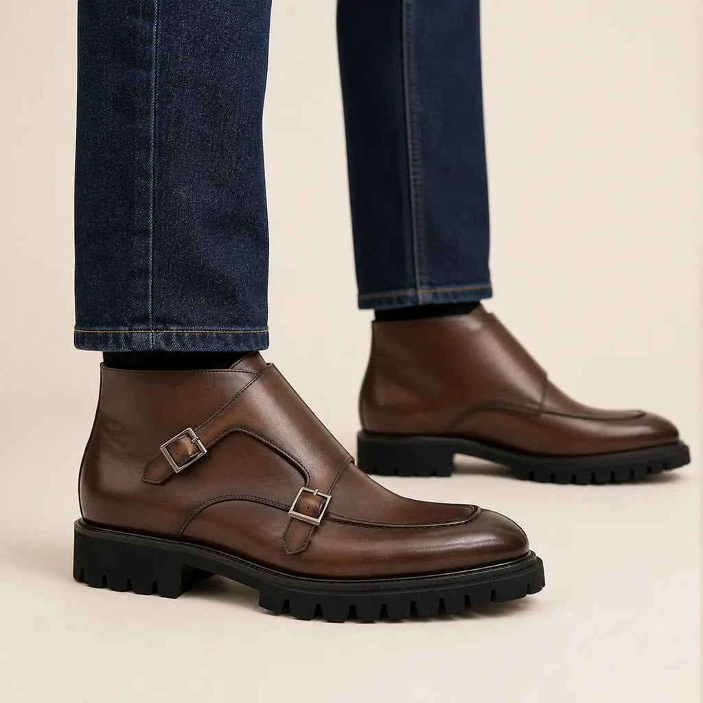 Brown Lug Sole Double Buckle Monk Ankle Boot